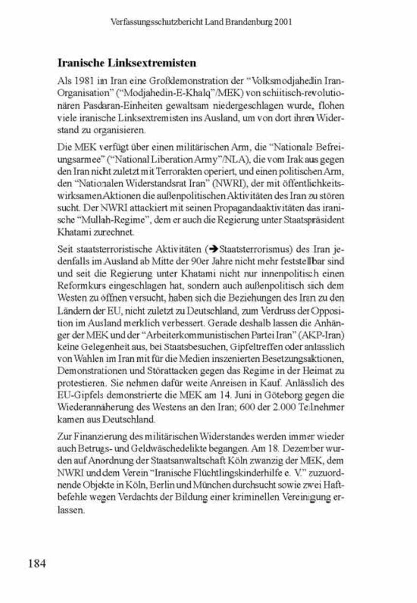 Seite 188 des Verfassungsschutzbericht 2001 Brandenburg