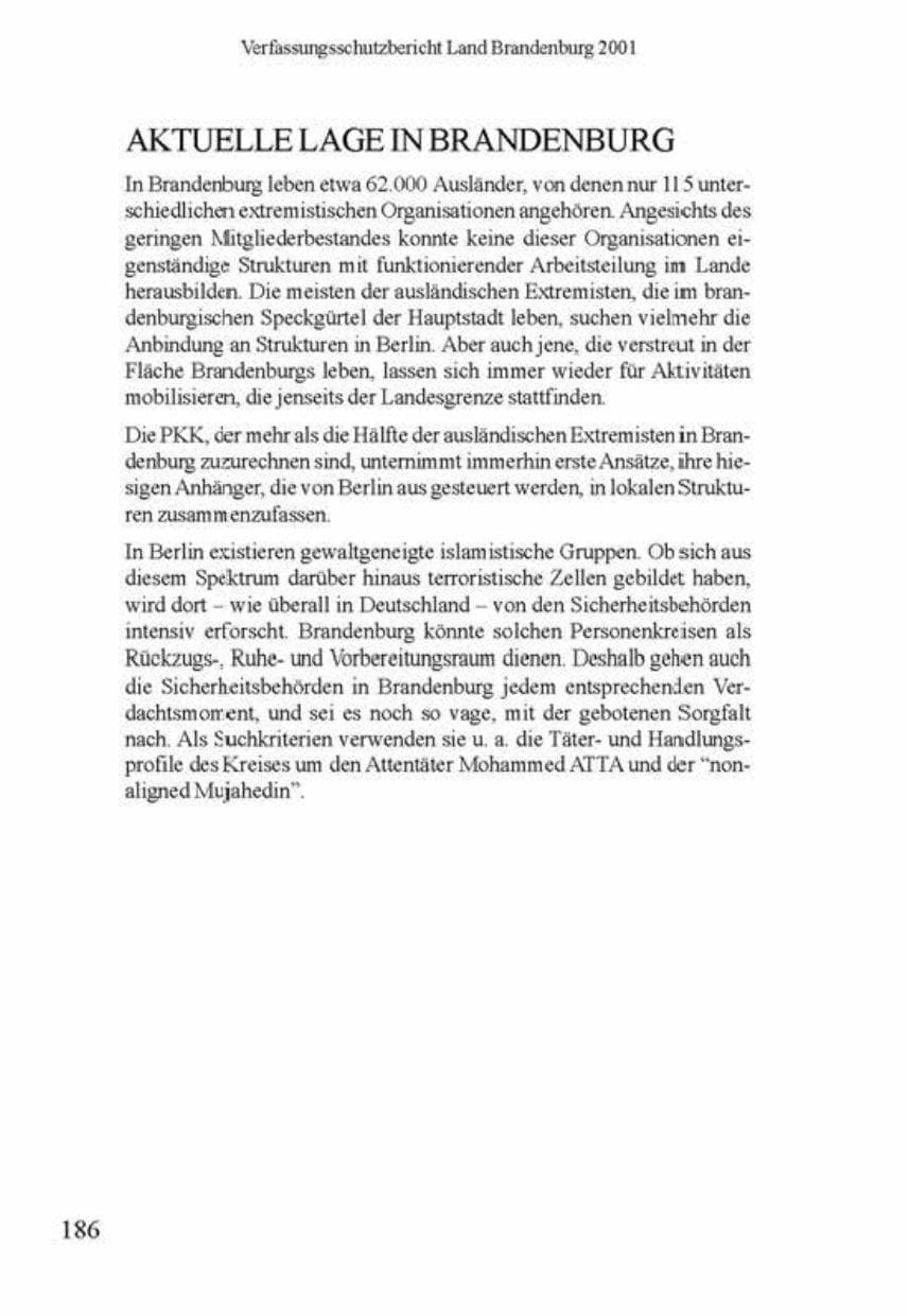 Seite 190 des Verfassungsschutzbericht 2001 Brandenburg