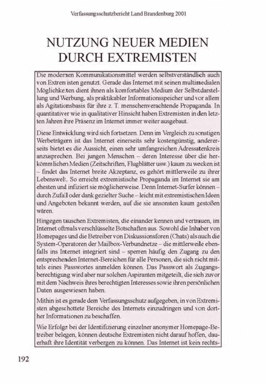 Seite 196 des Verfassungsschutzbericht 2001 Brandenburg