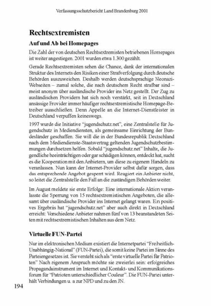 Seite 198 des Verfassungsschutzbericht 2001 Brandenburg