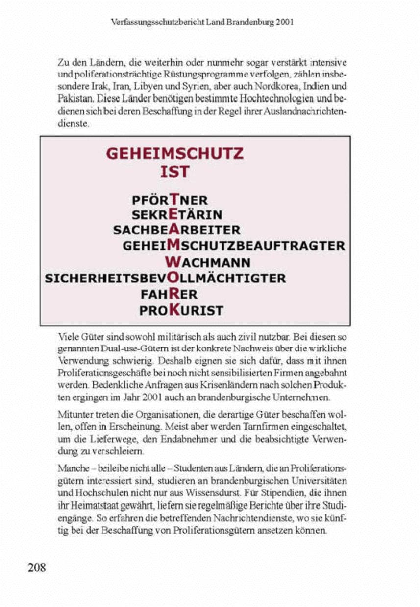 Seite 212 des Verfassungsschutzbericht 2001 Brandenburg