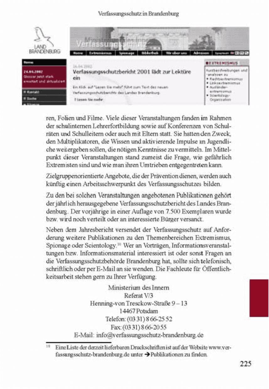 Seite 229 des Verfassungsschutzbericht 2001 Brandenburg