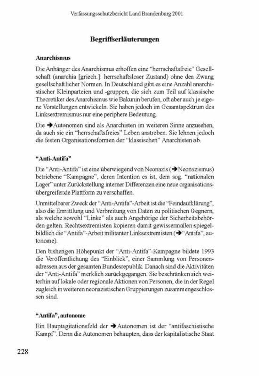 Seite 232 des Verfassungsschutzbericht 2001 Brandenburg