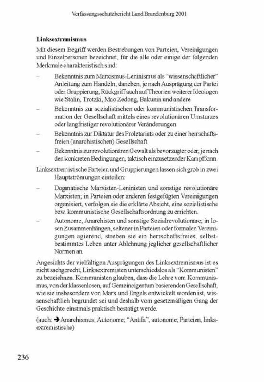 Seite 240 des Verfassungsschutzbericht 2001 Brandenburg