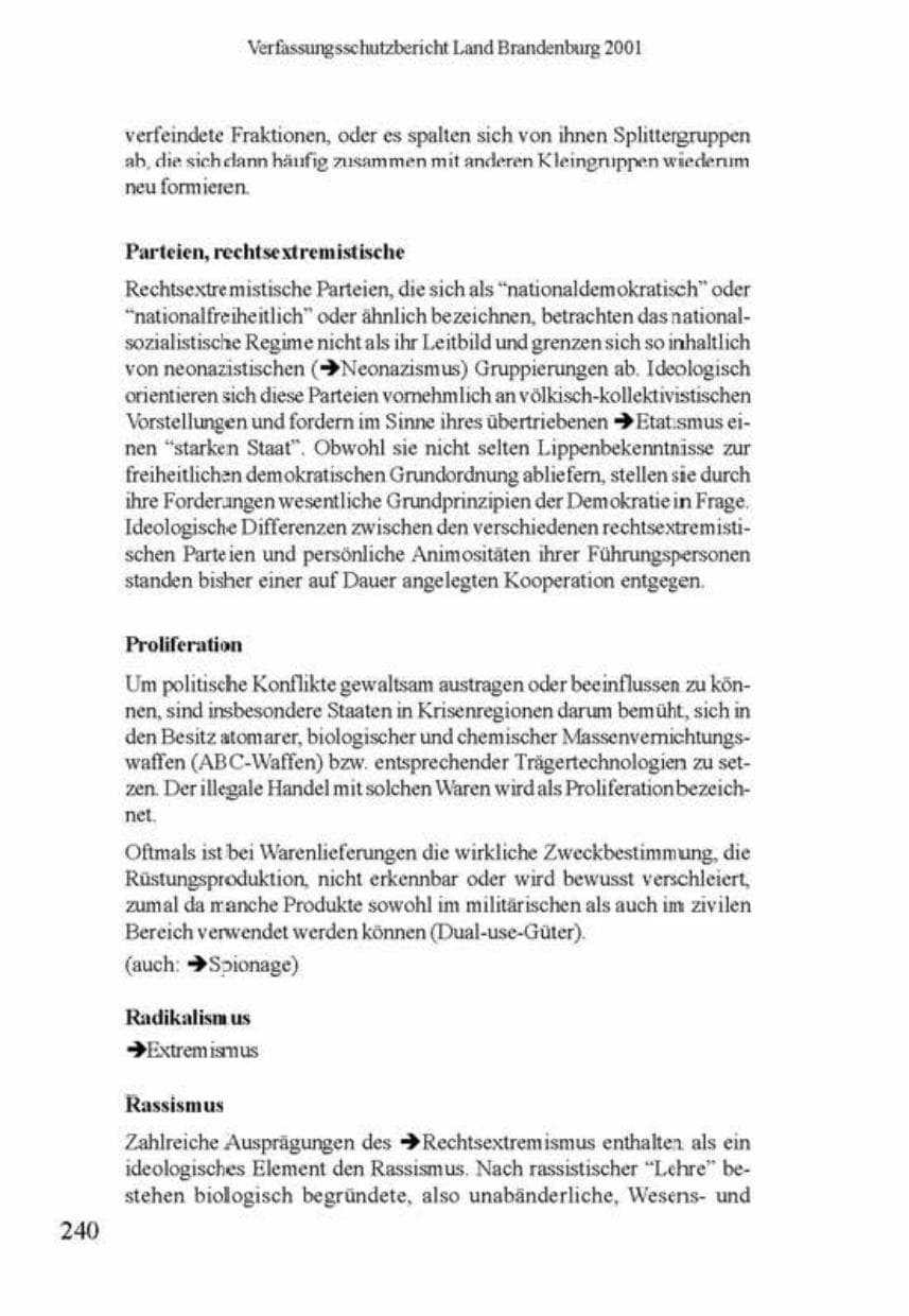 Seite 244 des Verfassungsschutzbericht 2001 Brandenburg