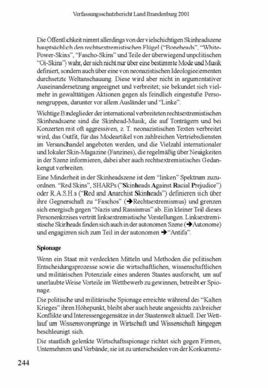 Seite 248 des Verfassungsschutzbericht 2001 Brandenburg