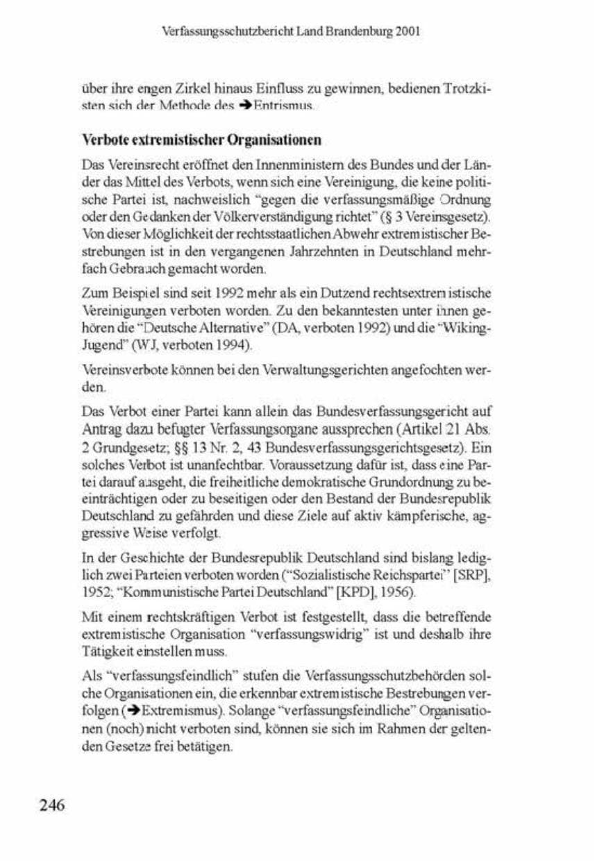 Seite 250 des Verfassungsschutzbericht 2001 Brandenburg