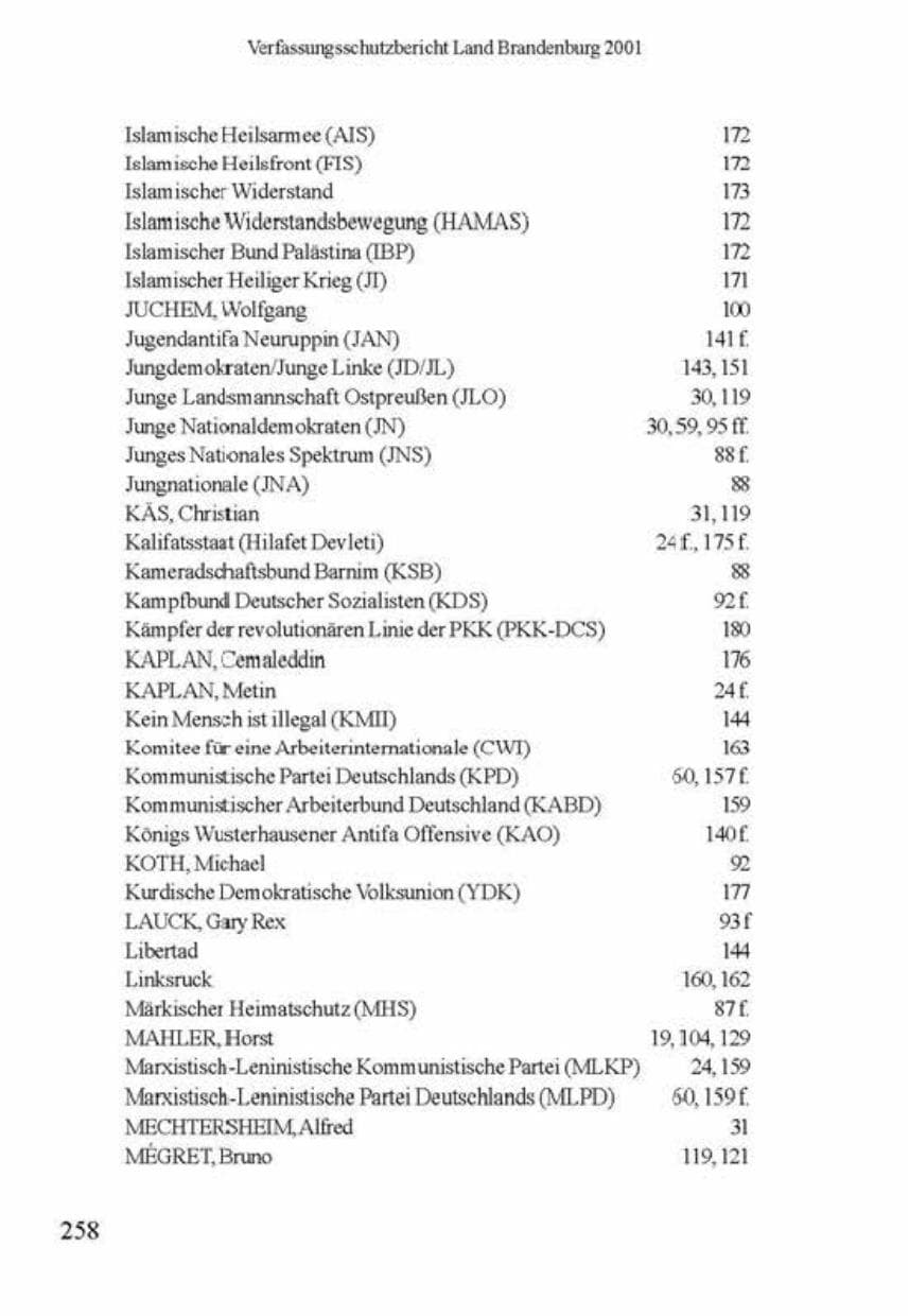 Seite 262 des Verfassungsschutzbericht 2001 Brandenburg