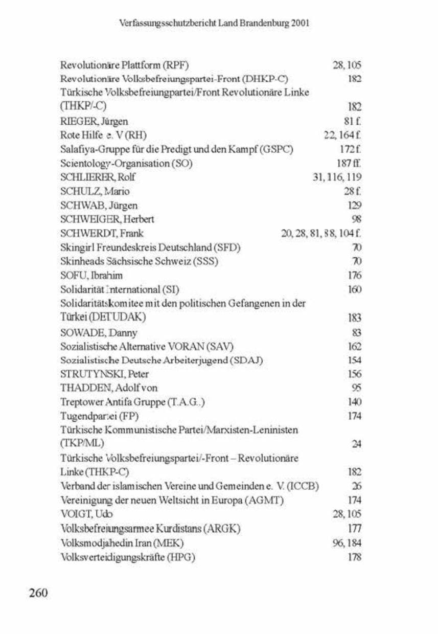 Seite 264 des Verfassungsschutzbericht 2001 Brandenburg