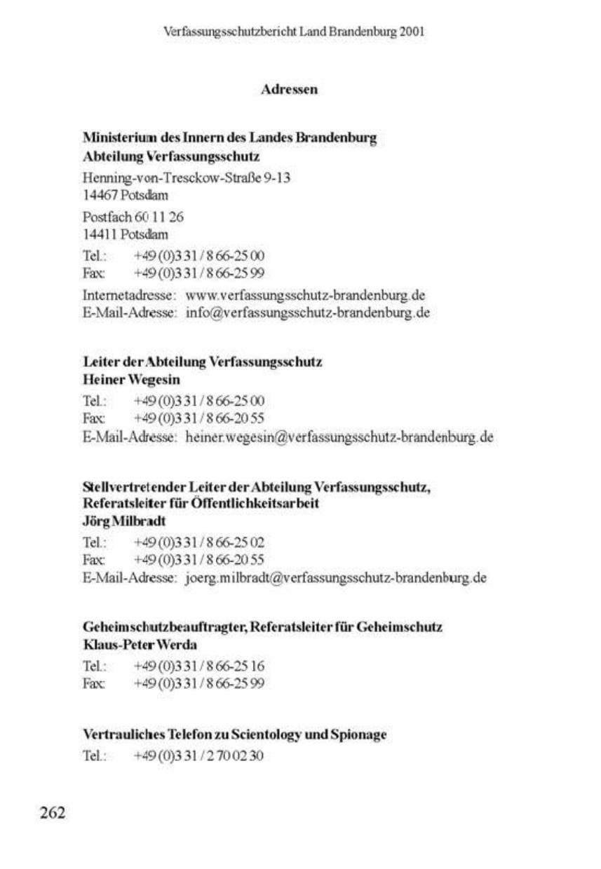 Seite 266 des Verfassungsschutzbericht 2001 Brandenburg