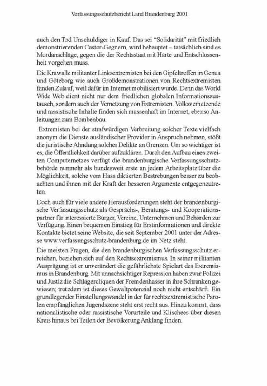 Seite 6 des Verfassungsschutzbericht 2001 Brandenburg