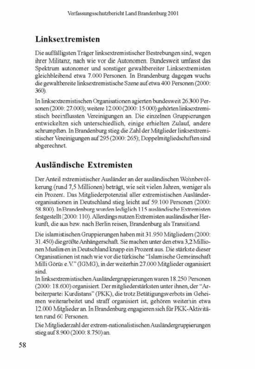 Seite 62 des Verfassungsschutzbericht 2001 Brandenburg