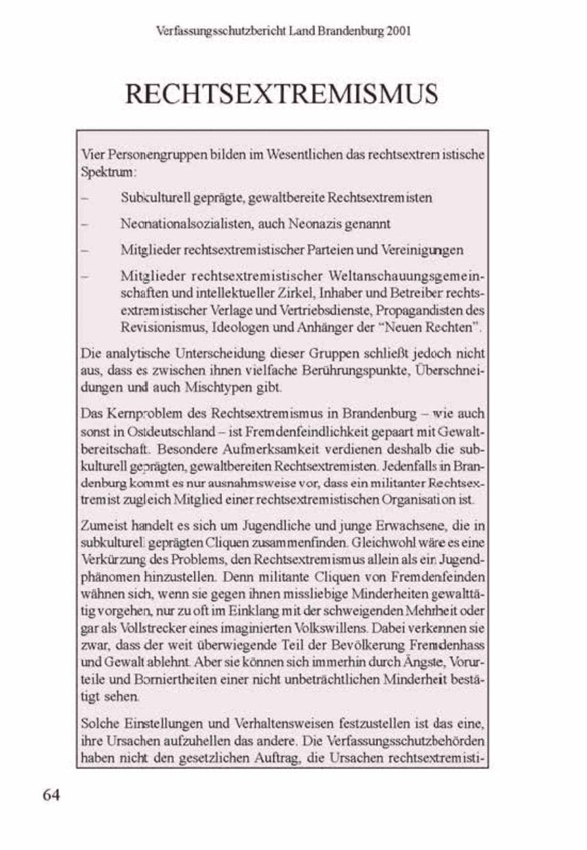 Seite 68 des Verfassungsschutzbericht 2001 Brandenburg