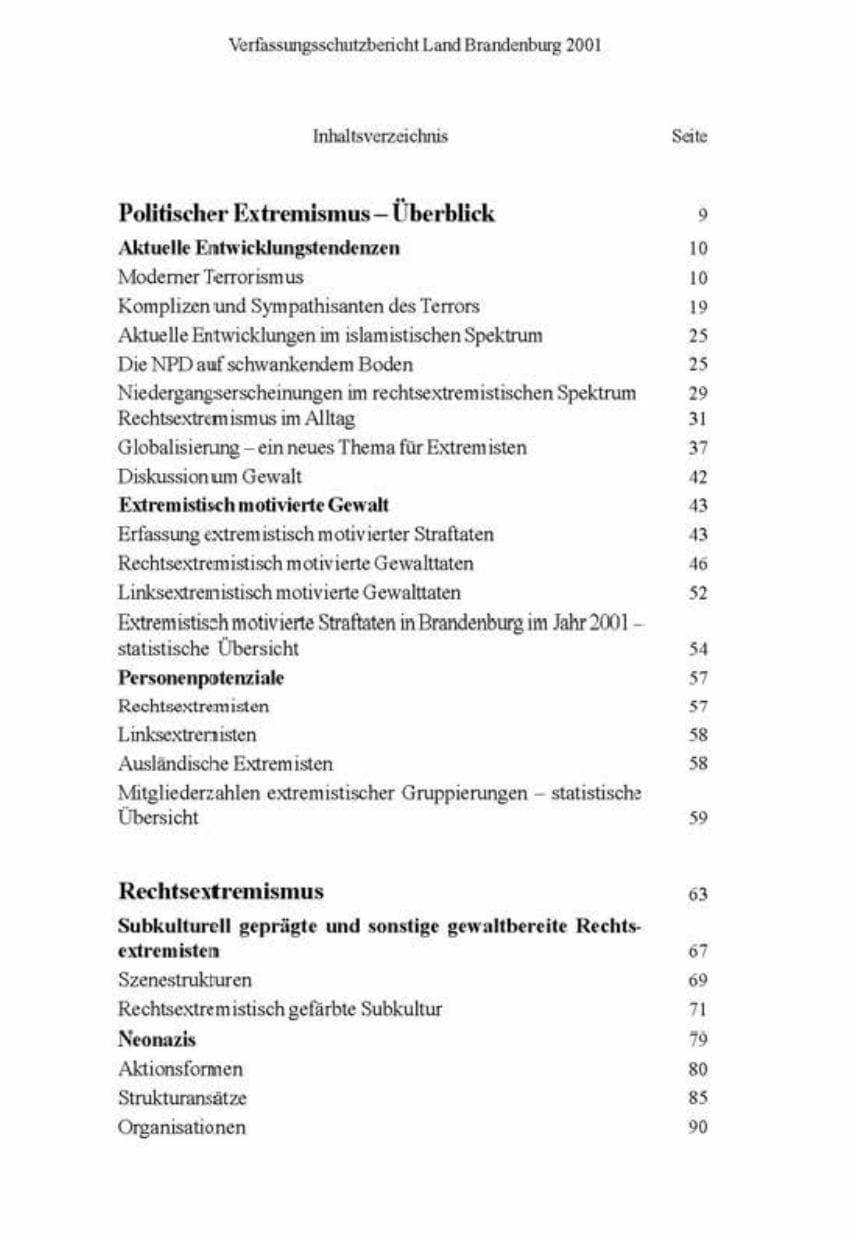 Seite 8 des Verfassungsschutzbericht 2001 Brandenburg