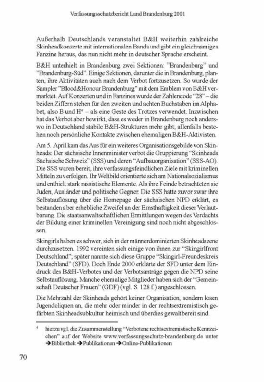 Seite 74 des Verfassungsschutzbericht 2001 Brandenburg