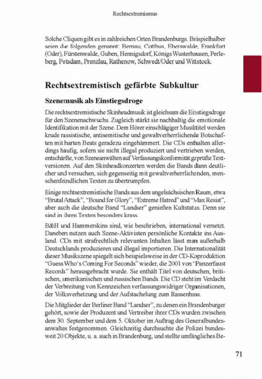 Seite 75 des Verfassungsschutzbericht 2001 Brandenburg