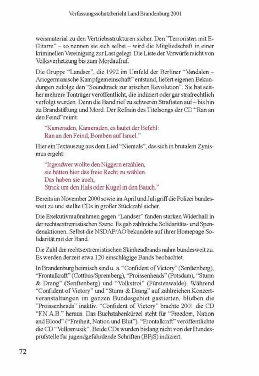 Seite 76 des Verfassungsschutzbericht 2001 Brandenburg