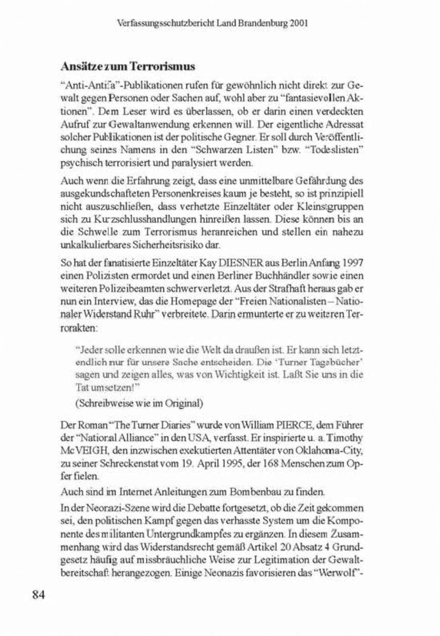 Seite 88 des Verfassungsschutzbericht 2001 Brandenburg