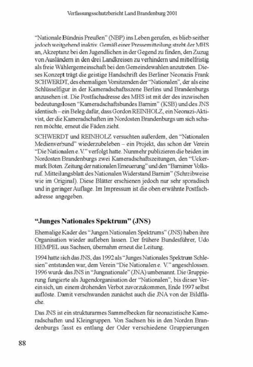 Seite 92 des Verfassungsschutzbericht 2001 Brandenburg