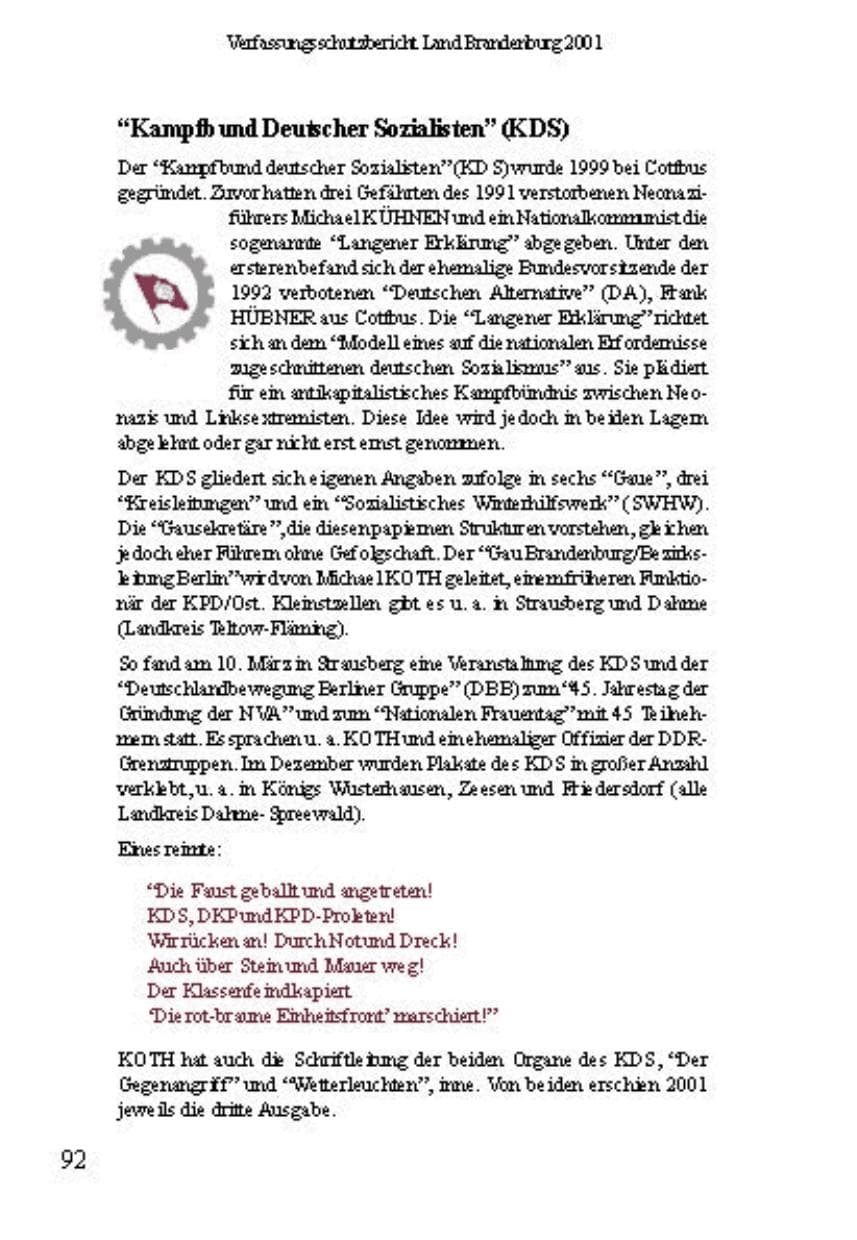 Seite 96 des Verfassungsschutzbericht 2001 Brandenburg