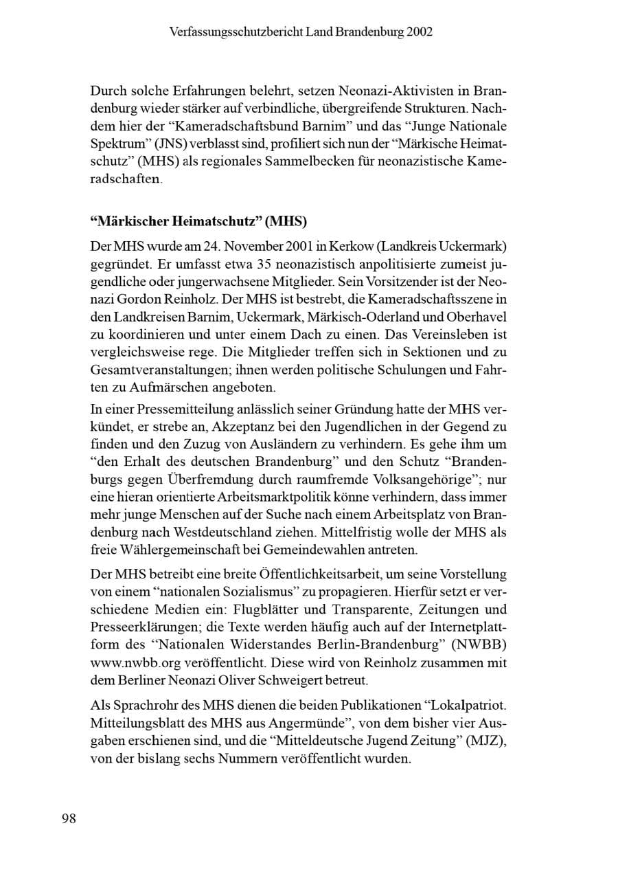 Seite 102 des Verfassungsschutzbericht 2002 Brandenburg