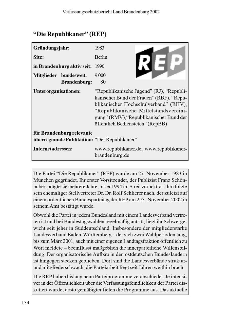 Seite 138 des Verfassungsschutzbericht 2002 Brandenburg