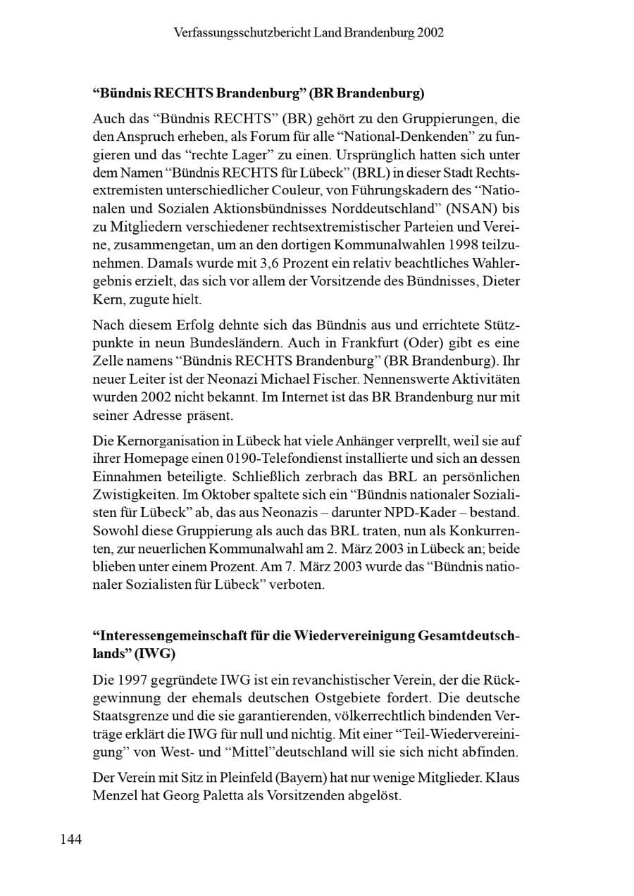 Seite 148 des Verfassungsschutzbericht 2002 Brandenburg