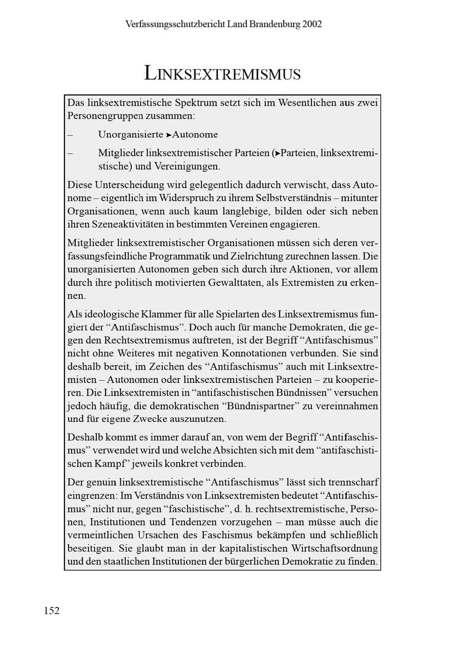 Seite 156 des Verfassungsschutzbericht 2002 Brandenburg