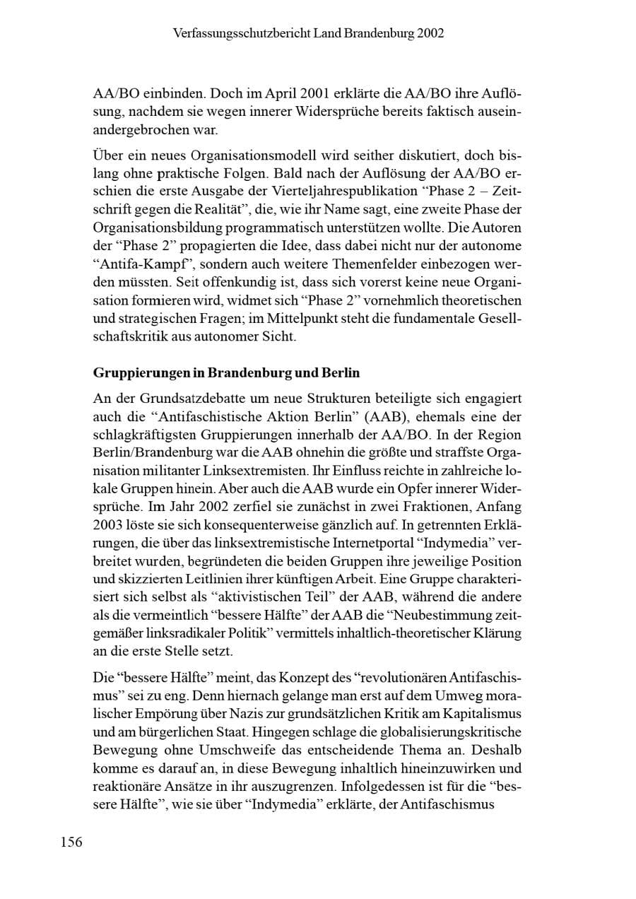 Seite 160 des Verfassungsschutzbericht 2002 Brandenburg