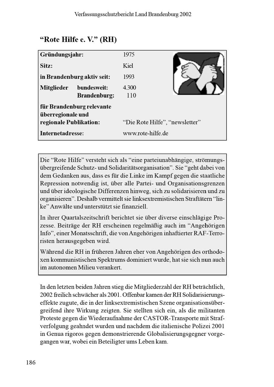 Seite 190 des Verfassungsschutzbericht 2002 Brandenburg