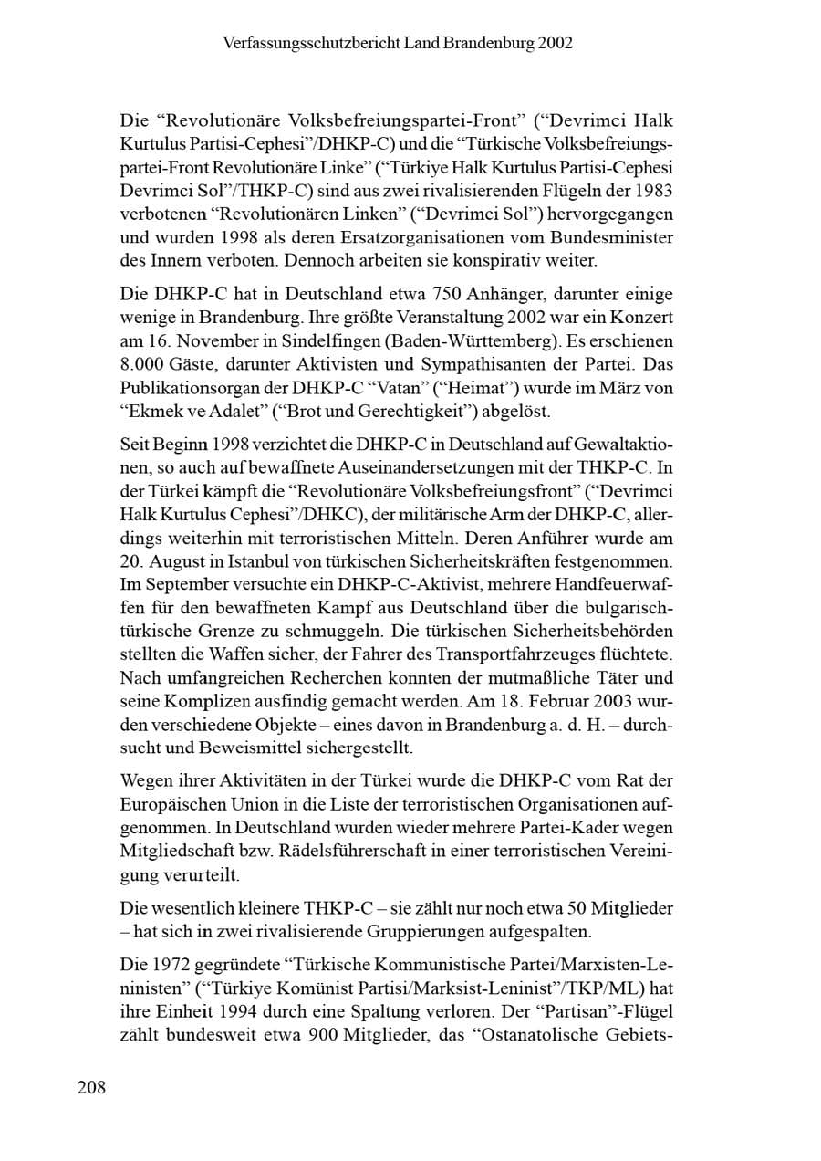 Seite 212 des Verfassungsschutzbericht 2002 Brandenburg