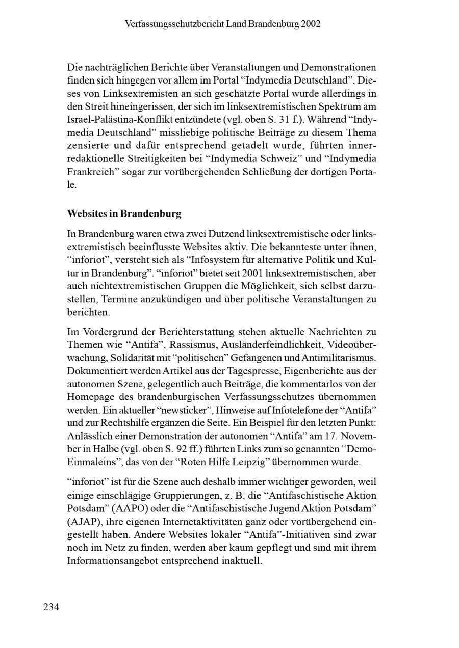 Seite 238 des Verfassungsschutzbericht 2002 Brandenburg