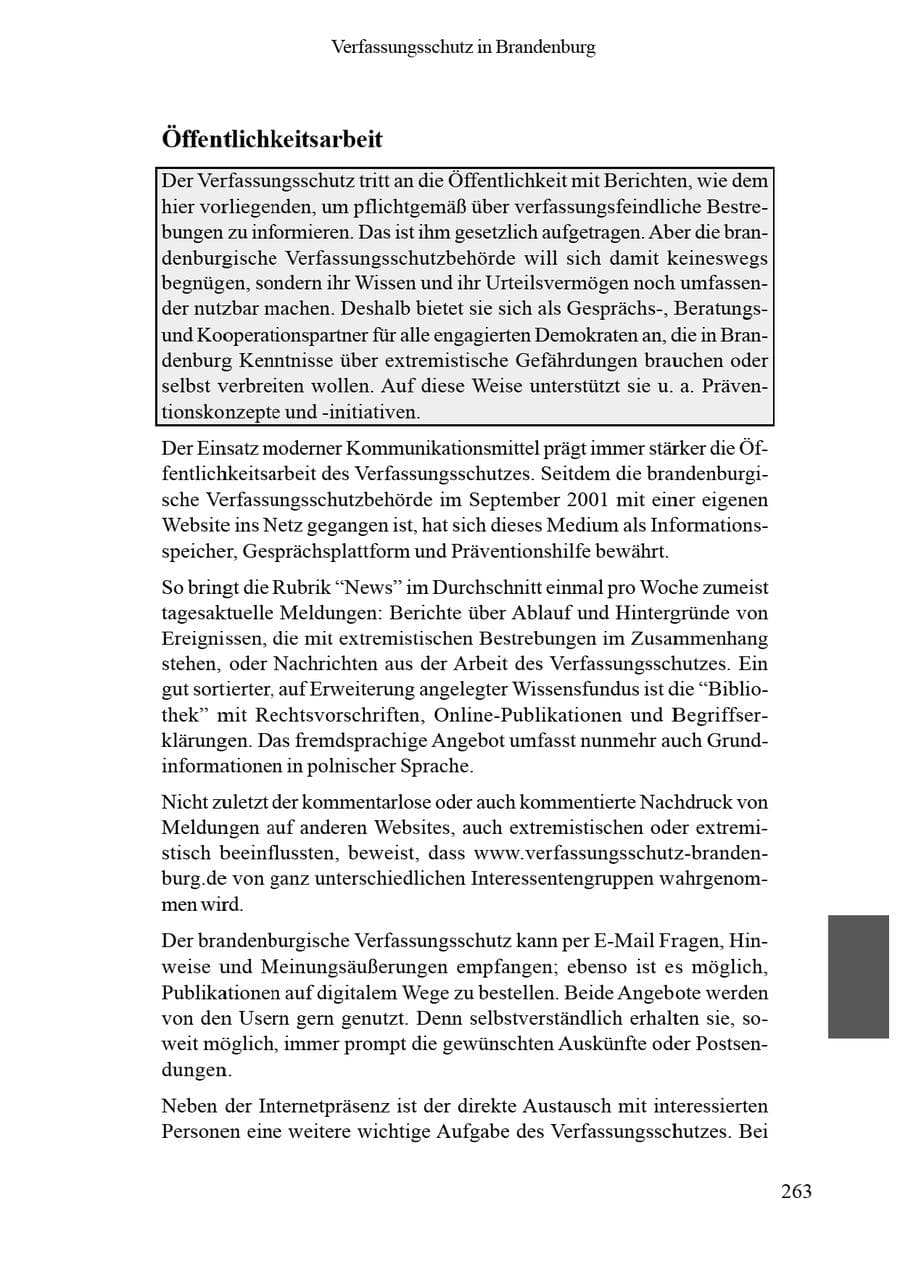 Seite 267 des Verfassungsschutzbericht 2002 Brandenburg