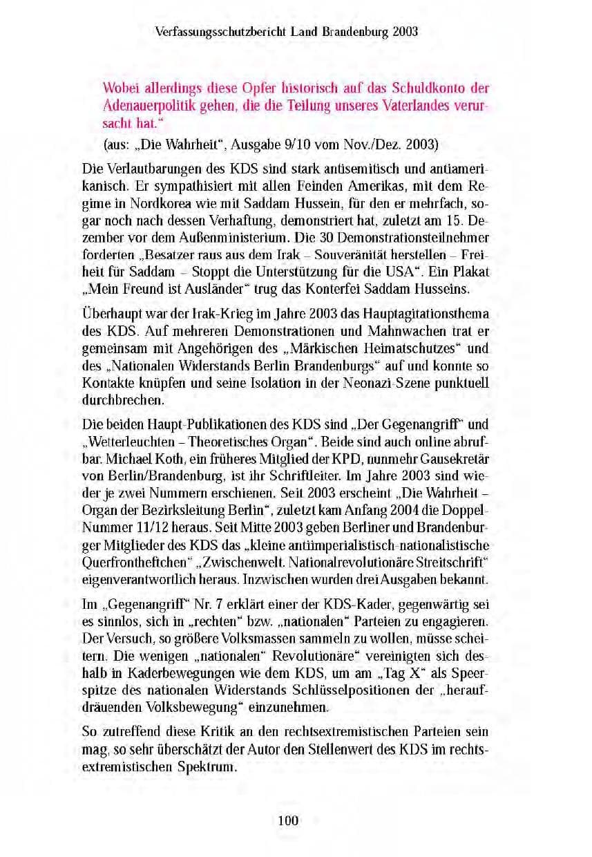 Seite 102 des Verfassungsschutzbericht 2003 Brandenburg