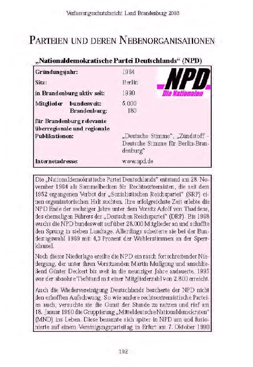 Seite 104 des Verfassungsschutzbericht 2003 Brandenburg