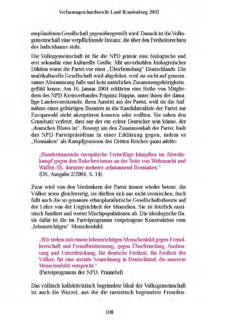 Seite 110 des Verfassungsschutzbericht 2003 Brandenburg