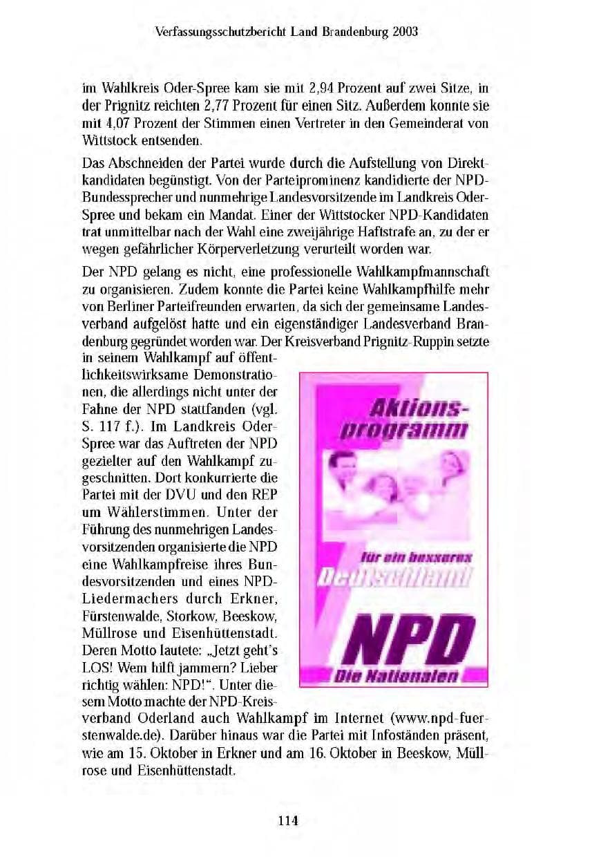 Seite 116 des Verfassungsschutzbericht 2003 Brandenburg