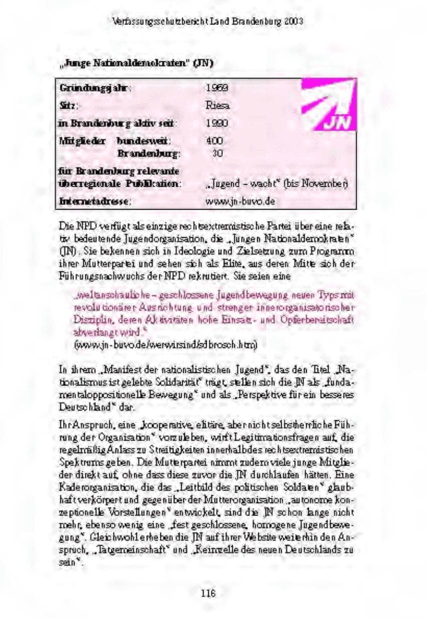 Seite 118 des Verfassungsschutzbericht 2003 Brandenburg