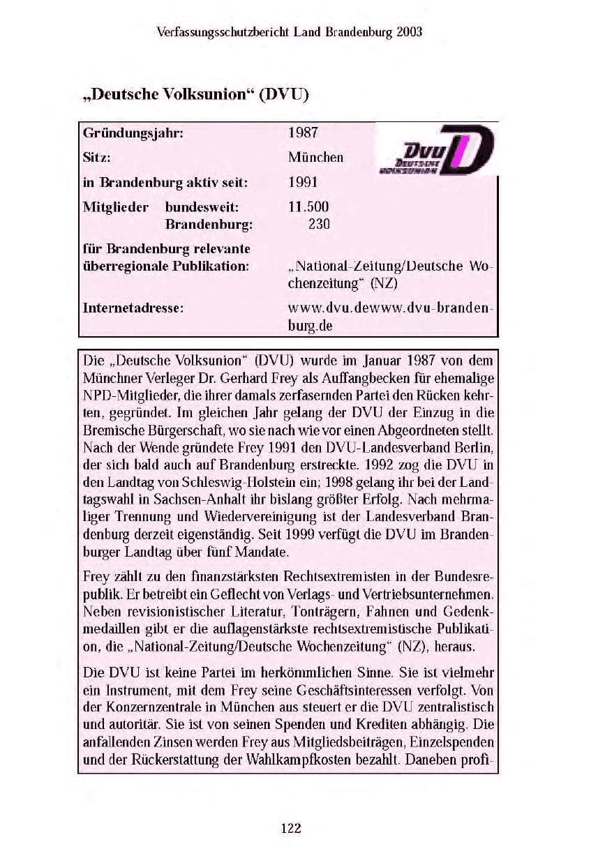 Seite 124 des Verfassungsschutzbericht 2003 Brandenburg