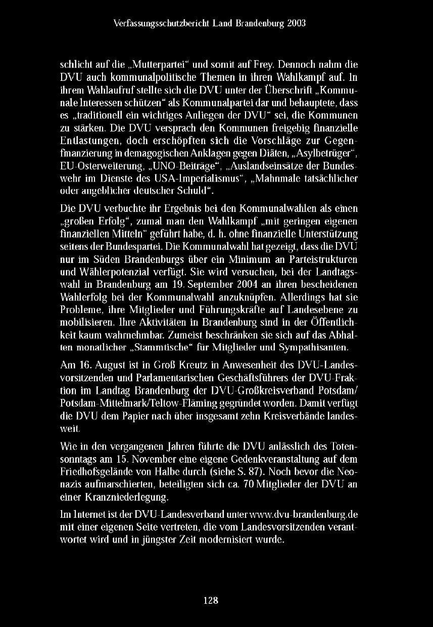 Seite 130 des Verfassungsschutzbericht 2003 Brandenburg