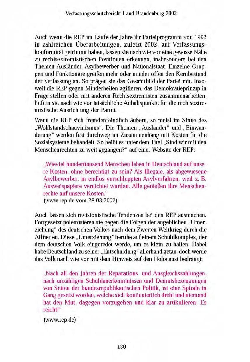 Seite 132 des Verfassungsschutzbericht 2003 Brandenburg