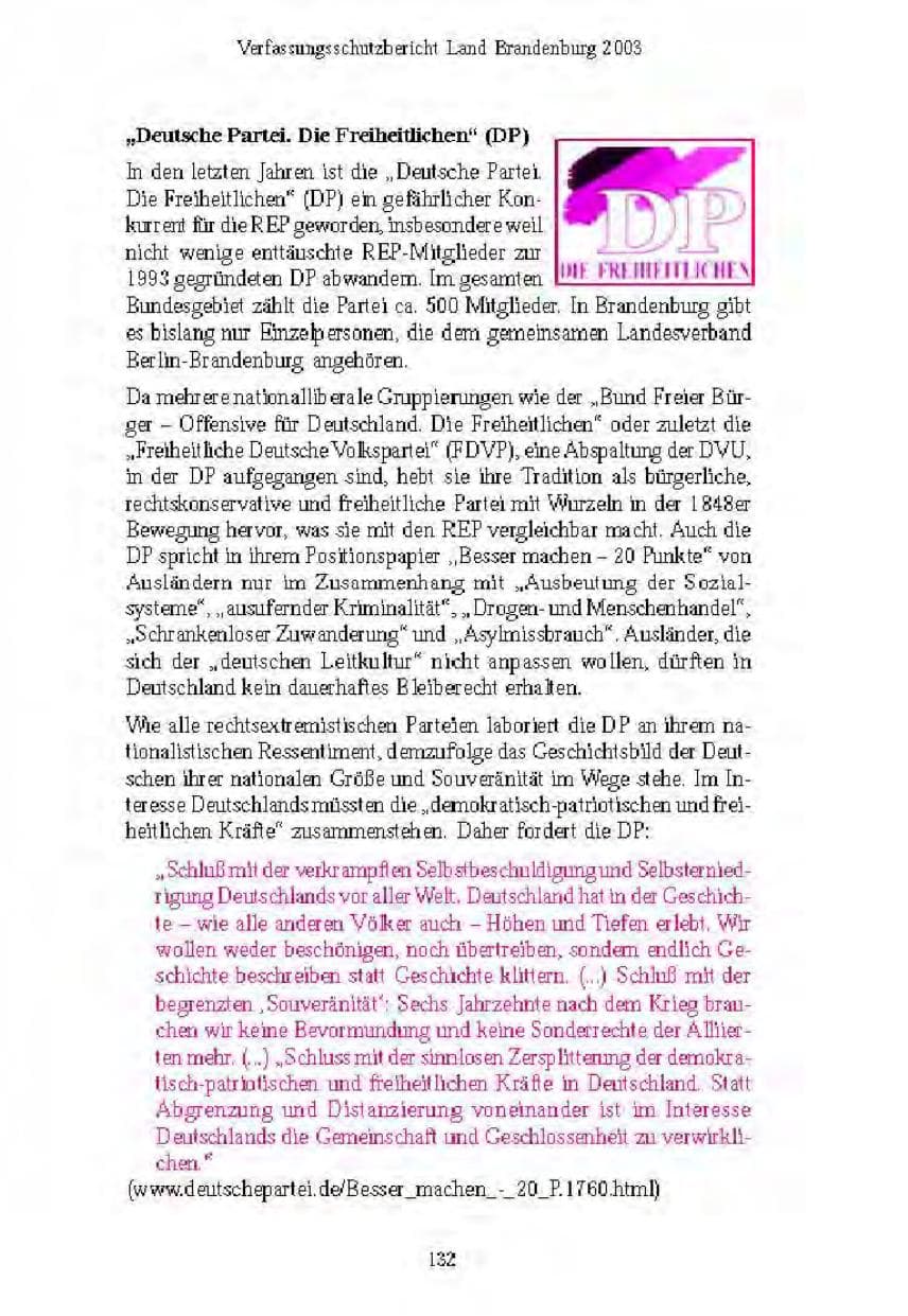 Seite 134 des Verfassungsschutzbericht 2003 Brandenburg
