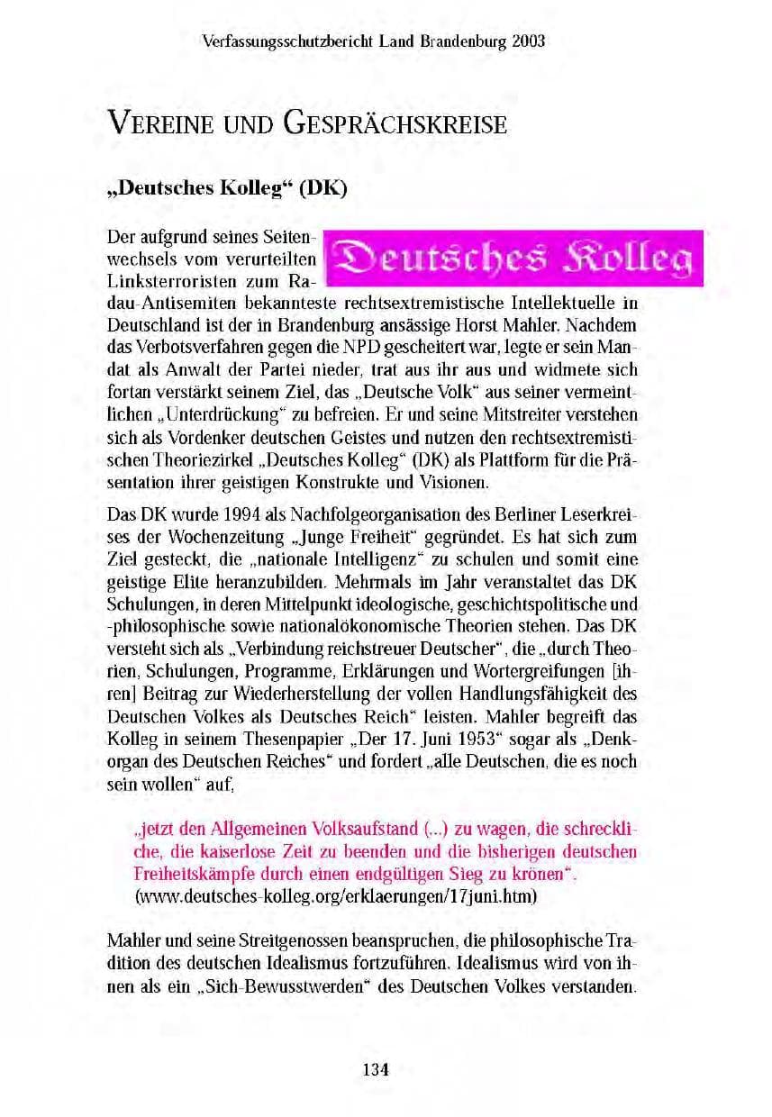 Seite 136 des Verfassungsschutzbericht 2003 Brandenburg