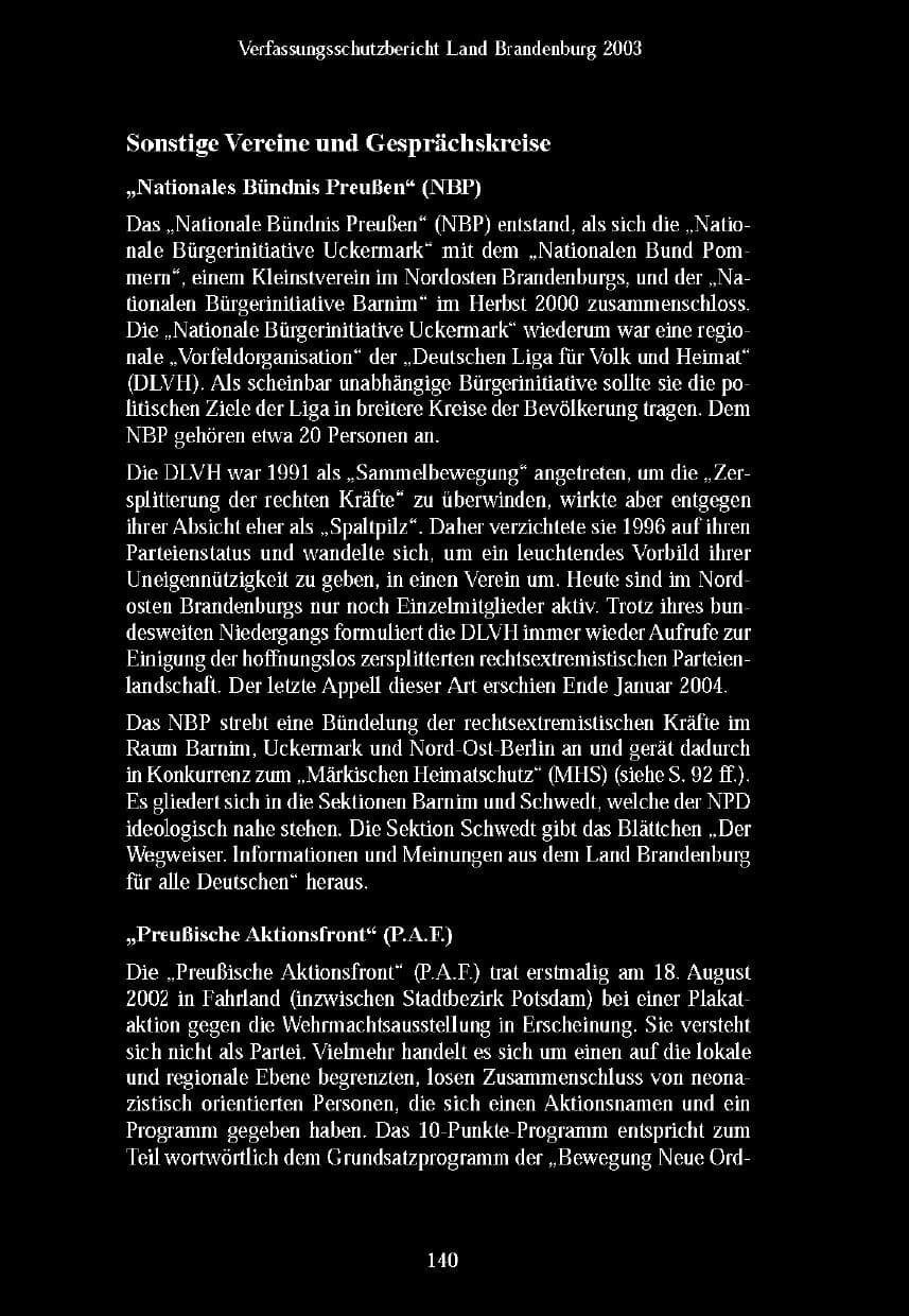 Seite 142 des Verfassungsschutzbericht 2003 Brandenburg