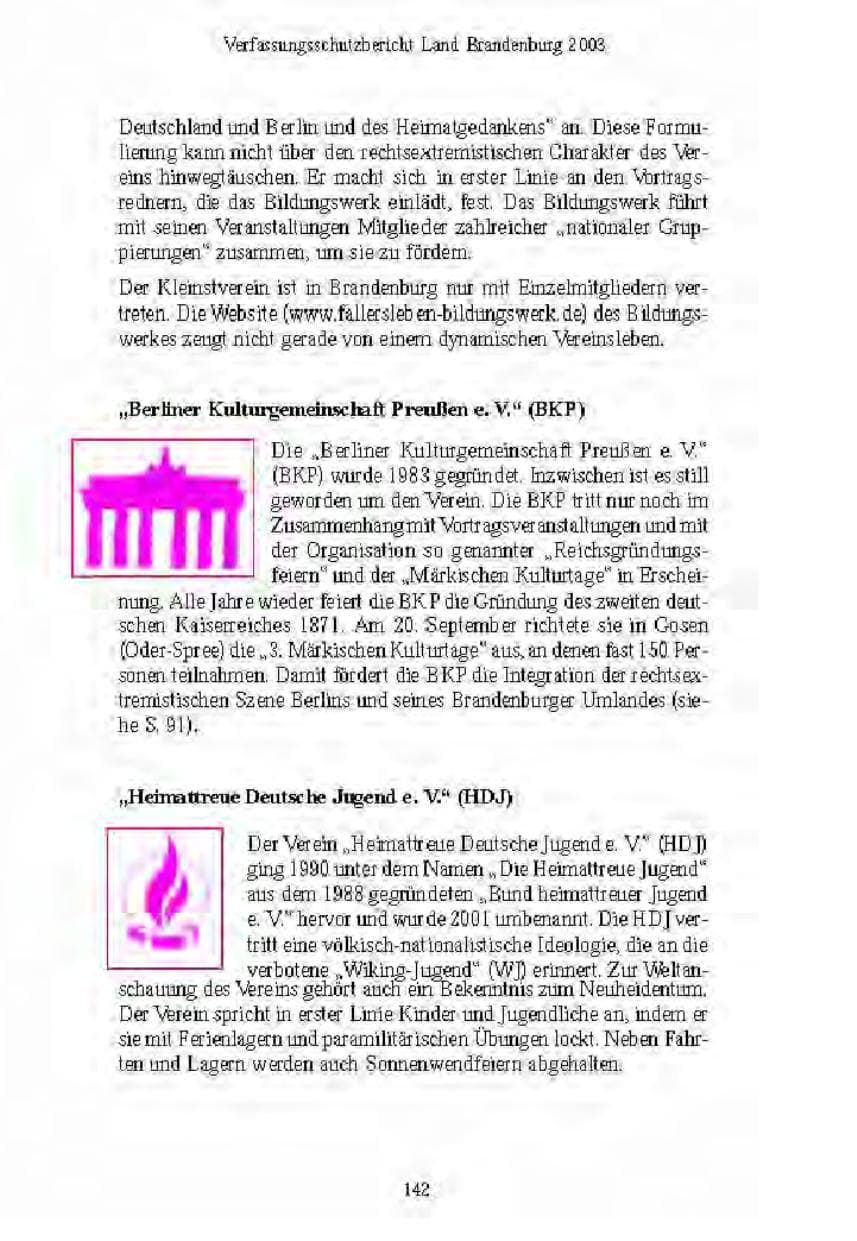Seite 144 des Verfassungsschutzbericht 2003 Brandenburg