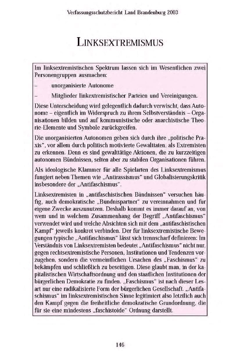 Seite 147 des Verfassungsschutzbericht 2003 Brandenburg