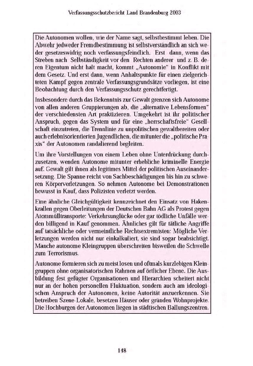 Seite 149 des Verfassungsschutzbericht 2003 Brandenburg