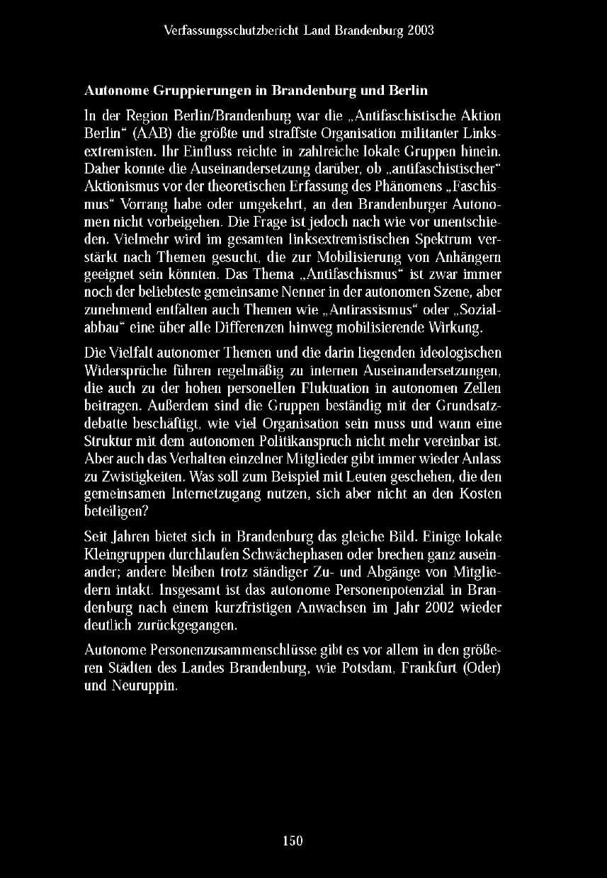 Seite 151 des Verfassungsschutzbericht 2003 Brandenburg