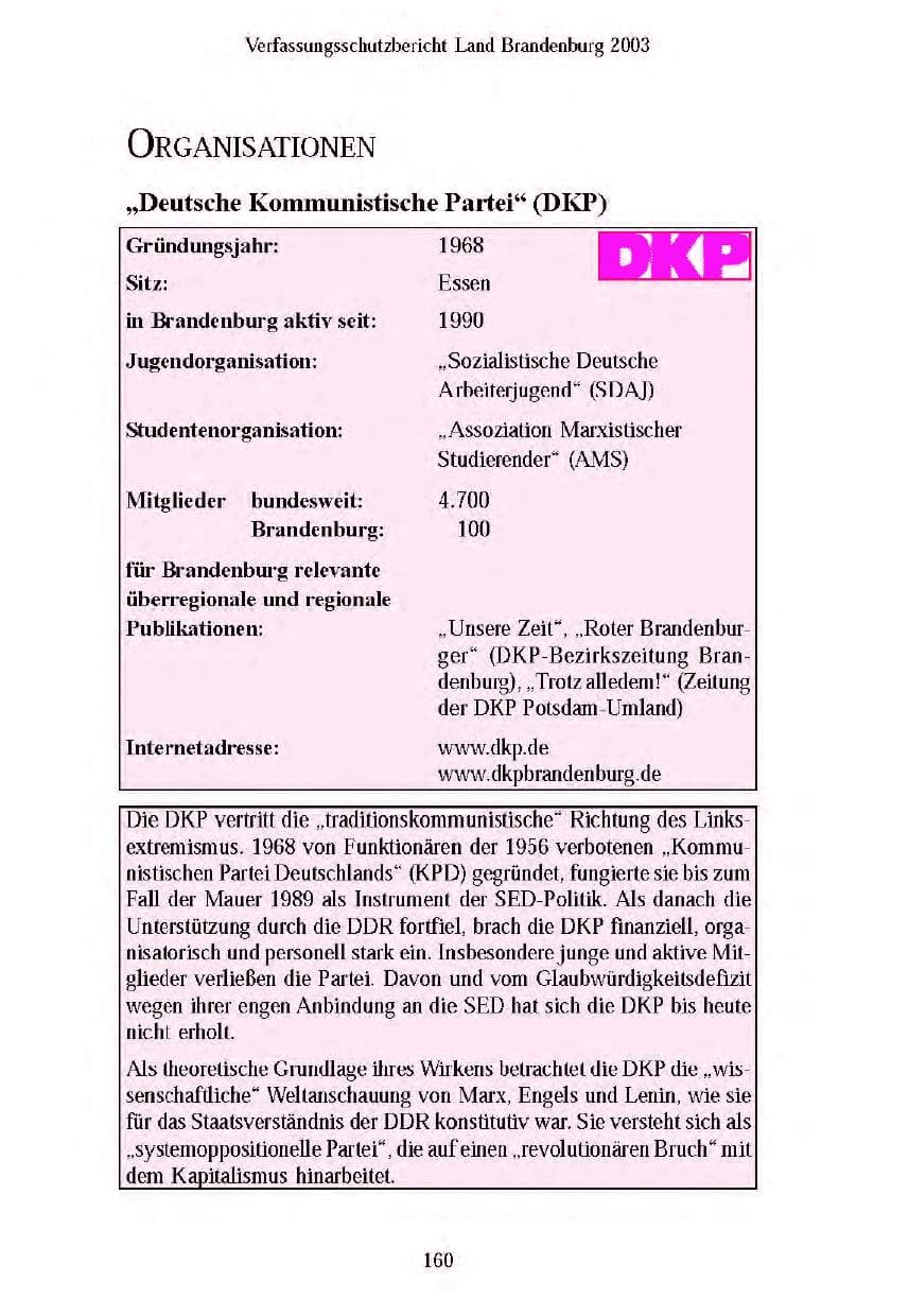 Seite 161 des Verfassungsschutzbericht 2003 Brandenburg