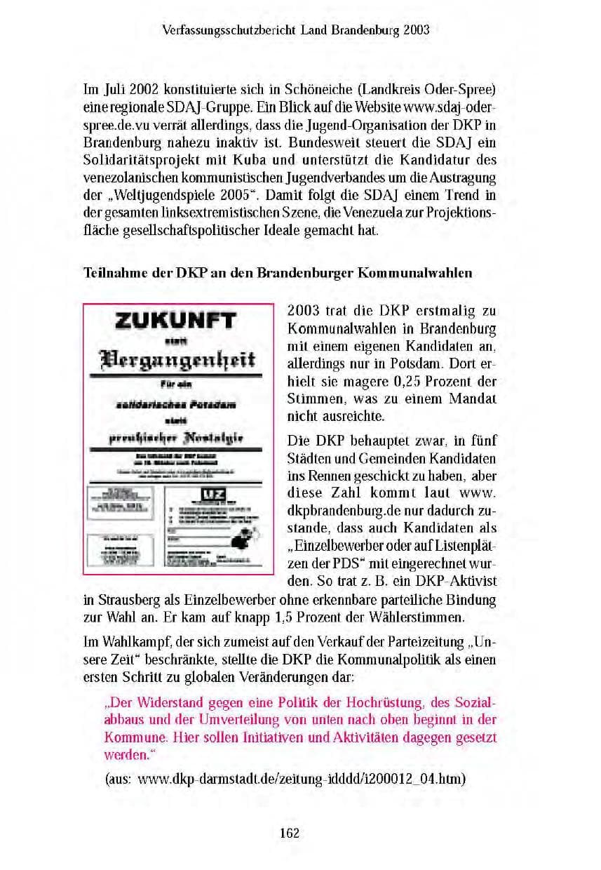 Seite 163 des Verfassungsschutzbericht 2003 Brandenburg